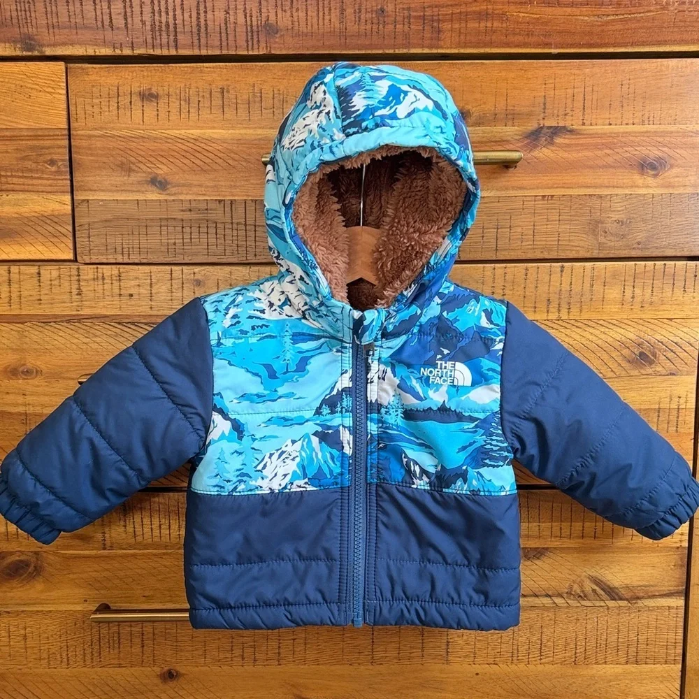 The North Face Blue and White Baby Puffer Reversible Jacket